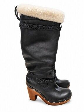 UGG 3209 Black Leather Shearling Lined Tall Clog Boots Women's US 6 EU 37 Wooden